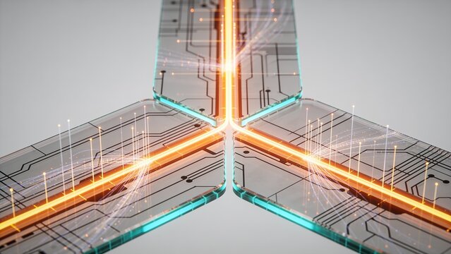 Joining three glass circuit panels forming Y-junction in studio, showing glowing orange rails