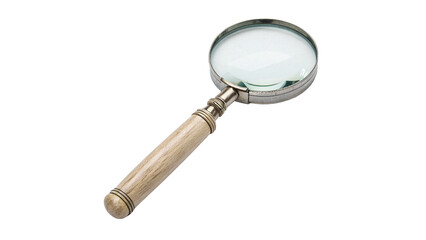Classic handheld magnifying glass loupe optical lens tool wooden handle research, isolated on transparent background. © Stefan