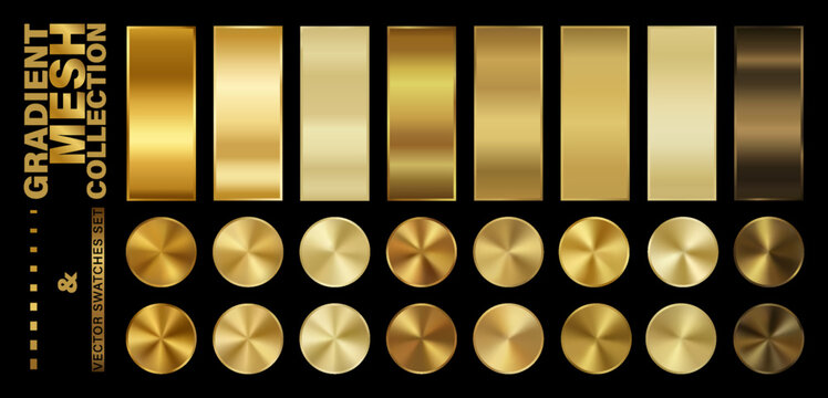 Gradient mesh wireframe indicator and golden swatches set with circular metallic meshes for vector illustrator preview