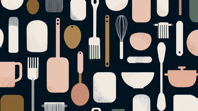 Minimalist Scandinavian-inspired pattern of cooking tools in limited color palette, simplified geometric representations of kitchen utensils reduced to basic shapes, negative space creating rhythm
