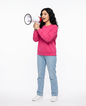 confident indian woman making an announcement with a white and red handheld megaphone