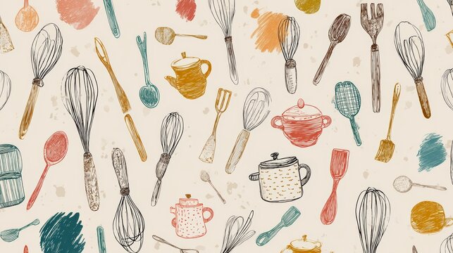 Whimsical hand-drawn style pattern of kitchen implements in watercolor-inspired vector technique, loosely sketched wooden spoons, wire whisks, measuring cups and rolling pins, organic arrangement