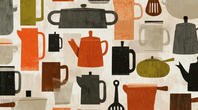 Minimalist Scandinavian-inspired pattern of cooking tools in limited color palette, simplified geometric representations of kitchen utensils reduced to basic shapes, negative space creating rhythm
