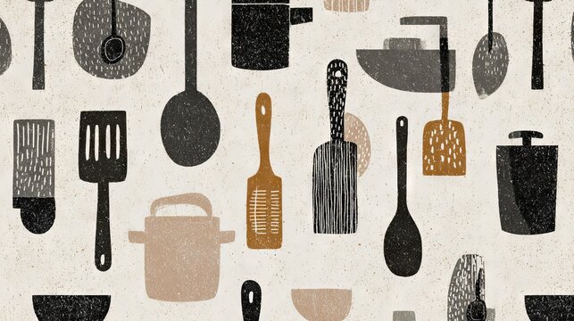 Minimalist Scandinavian-inspired pattern of cooking tools in limited color palette, simplified geometric representations of kitchen utensils reduced to basic shapes, negative space creating rhythm