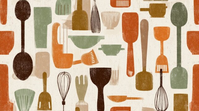 Minimalist Scandinavian-inspired pattern of cooking tools in limited color palette, simplified geometric representations of kitchen utensils reduced to basic shapes, negative space creating rhythm