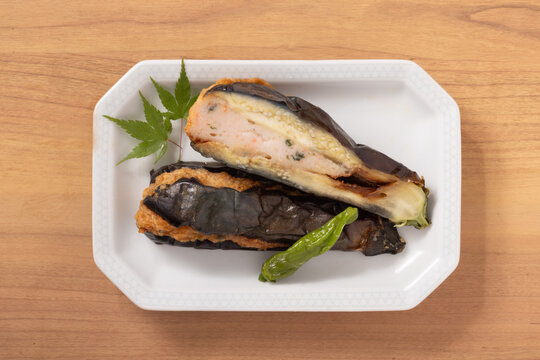 秋茄子　海老すり身　挟み揚げ