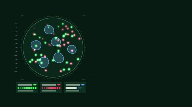 Animated marker expression field lighting points drawn as a clean laboratory interface in green and emerald on a dark background. Smooth 4K seamless loop with blank data panels and room for text. Wide