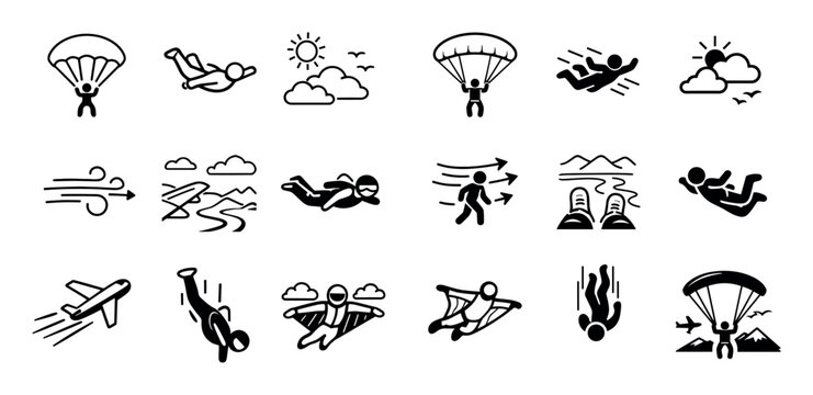 Extreme air tourism and sky adventure icon set with parachute jump free fall and wind flow for mobile design in glyph style