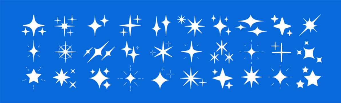 Star light icons, magic white sparkles. Spark and flash icons, simple light symbols. Flare, bling, white silhouettes. Star shine, spark glow and glitter effect, sparkle. Vector graphic illustrations.