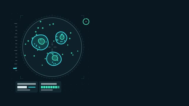Seamless 4K looping scientific animation: microscope focus adjusting into sharpness. Flat vector microscope view with a circular field, measurement ticks and blank readout cards in blue and azure on a