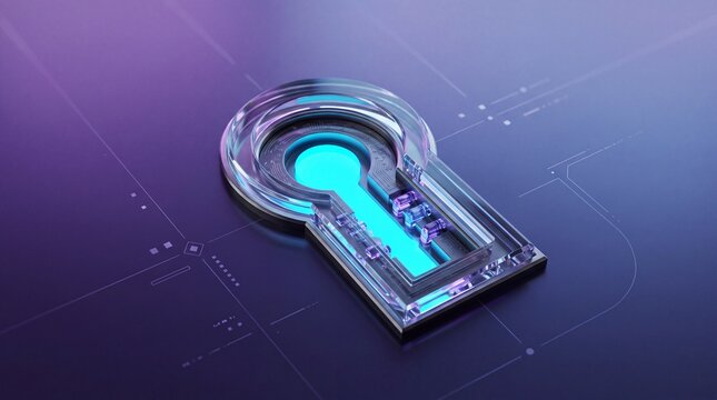Abstract digital keyhole with glowing cyan light and circuit board details, representing cybersecurity and data protection, futuristic technology concept.