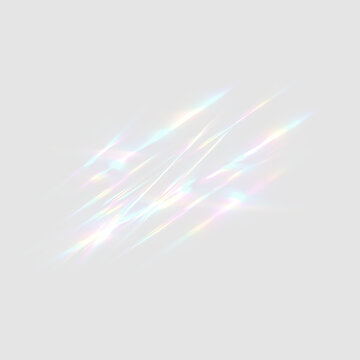 Rainbow prism light leak and optical flare overlay. Iridescent crystal reflection effect isolated on transparent background. Realistic glass refraction texture