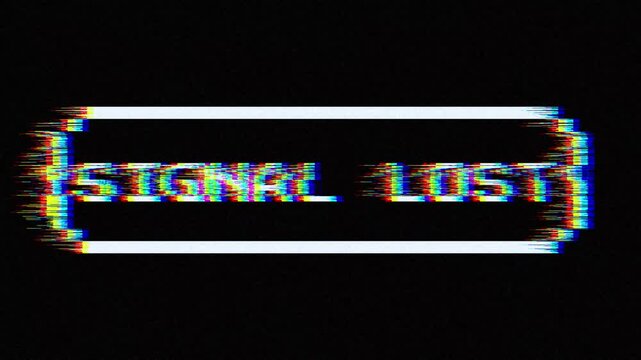 Distorted Glitch Effect Text 'SIGNAL LOST' with Neon White Outline on Black Background, Displaying a Digital Disruption