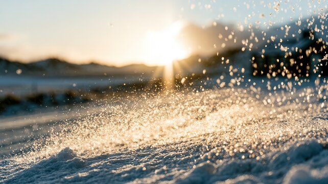 Snow crystals sparkling on a winter landscape catching sunlight and bokeh lights creating shimmering