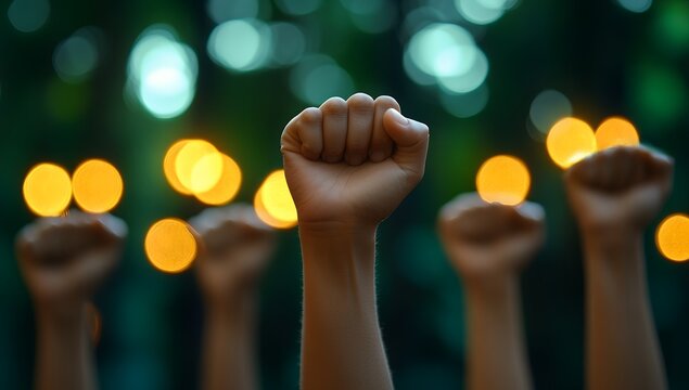 Silhouetted raised fists against bokeh lights background, symbolizing unity, protest, solidarity and social movement, with copy space
