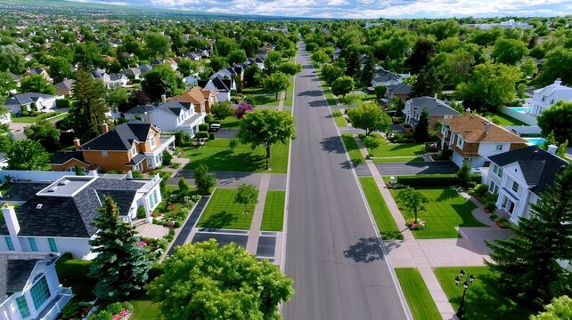 Aerial view of a winding street in a green suburban residential neighborhood and trees with houses