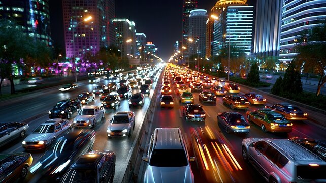 Night city highway showing heavy traffic with cars moving and light trails urban rush hour congestion