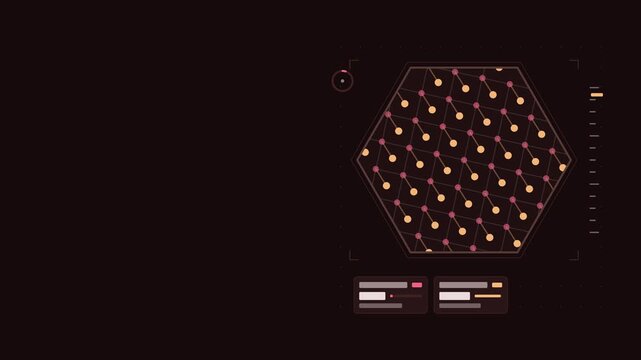 Seamless 4K looping scientific animation: lattice structure field pulsing nodes. Flat vector microscope view with a circular field, measurement ticks and blank readout cards in red and magenta on a de