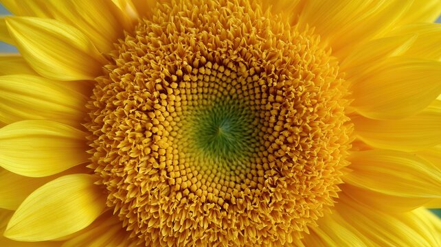 Sunflower head details showing bright yellow petals and a close up of the green and orange disc florets a spiral arranged