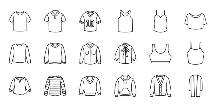 Fashion and Apparel Line Icons Set. Clothing, Tops, Jackets, Dresses, Activewear and Outfit Collection Vector Illustration.