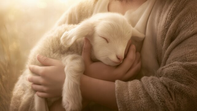 Gentle hands cradle a small fluffy white lamb embodying ideas of purity religious imagery care
