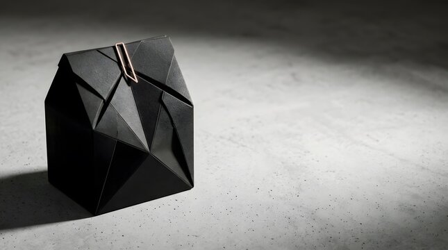 Minimalist black geometric house shaped packaging on concrete surface