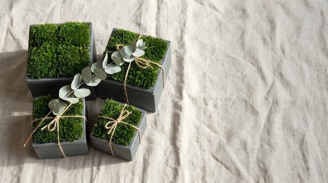 Stabilized green moss in grey wooden boxes on linen background with eucalyptus branch