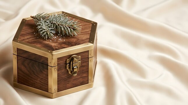 Hexagonal wooden gift box with brass trim and pine branch on ivory silk fabric