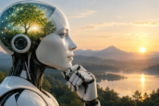 Futuristic humanoid robot contemplating sunrise over lake with living tree neural network inside transparent cranial dome symbolizing conscious artificial intelligence and eco-mind