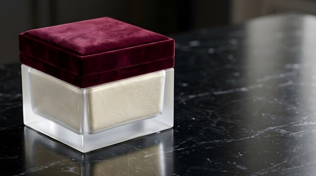 Luxury cosmetic glass jar with burgundy velvet lid on black marble surface