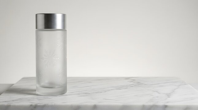 Frosted glass water bottle with snowflake pattern on white marble tabletop