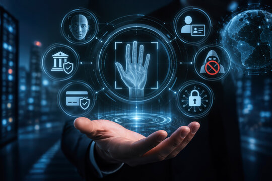 Palm vein biometric security scanner hovering above businessman hand in futuristic cyber environment protecting digital identity banking fraud prevention and deepfake defense concept