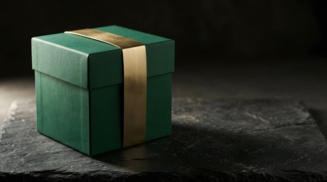 Elegant green gift box with luxury gold ribbon on a dark stone surface