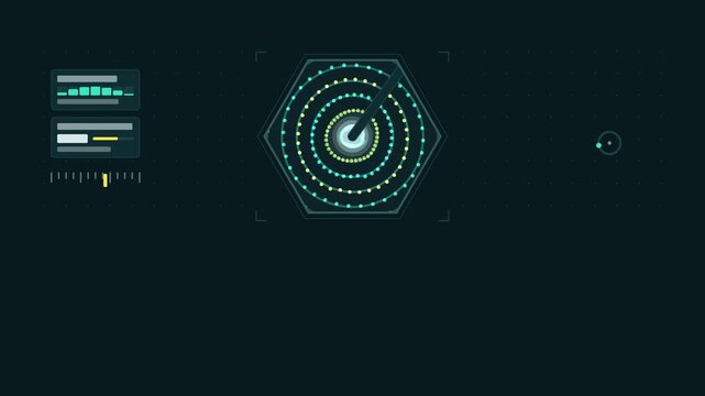 Seamless 4K looping scientific animation: ring diffraction pattern expanding rings. Flat vector microscope view with a circular field, measurement ticks and blank readout cards in teal and cyan on a d