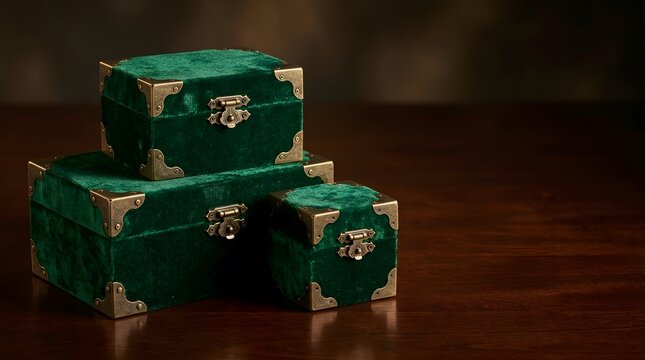 Vintage green velvet jewelry boxes with brass hardware on wooden surface