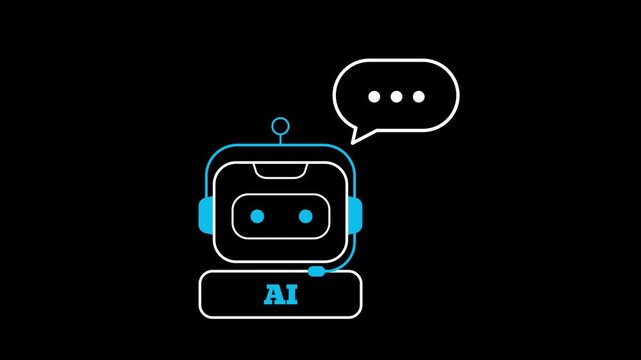 AI assistant robot icon animation on transparent background with a speech bubble and trim paths in and out. Artificial intelligence virtual advisor, automated dialogue, and online support concept.