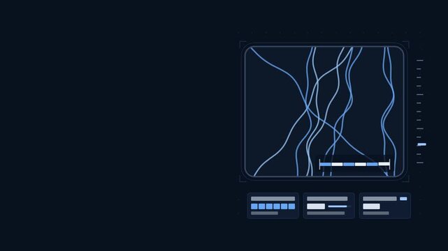 Animated micron scale view rebuilding bar drawn as a clean laboratory interface in blue and azure on a dark background. Smooth 4K seamless loop with blank data panels and room for text. Widescreen 16: