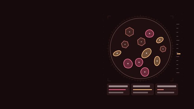 Animated differential staining view multicolor structures drawn as a clean laboratory interface in red and magenta on a dark background. Smooth 4K seamless loop with blank data panels and room for tex