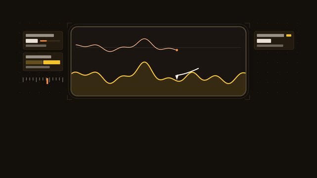 Animated tip scanning surface tracking profile drawn as a clean laboratory interface in yellow and gold on a dark background. Smooth 4K seamless loop with blank data panels and room for text. Widescre