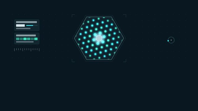 Animated hexagonal diffraction spots slowly rotating drawn as a clean laboratory interface in blue and azure on a dark background. Smooth 4K seamless loop with blank data panels and room for text. Wid