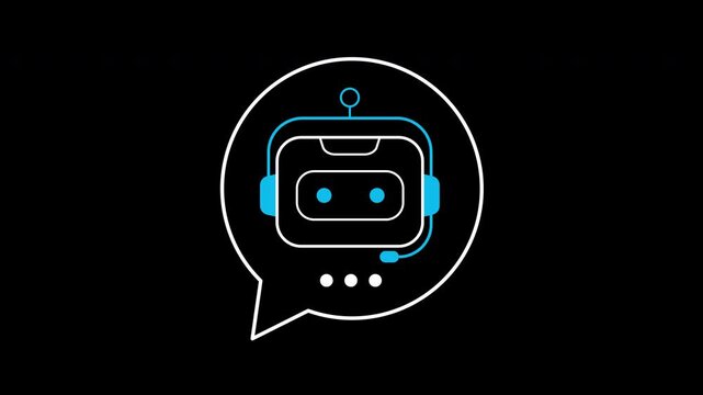AI chatbot icon animation on transparent background showing robot head in speech bubble with trim paths in and out. Artificial intelligence automated messaging, customer support, and tech concept.