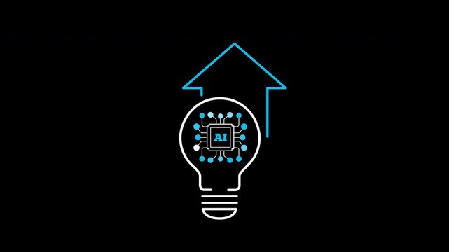 AI technology development icon animation on transparent background showing lightbulb chip and rising arrow with trim paths in and out. Smart creative innovation progress, and system concept idea.