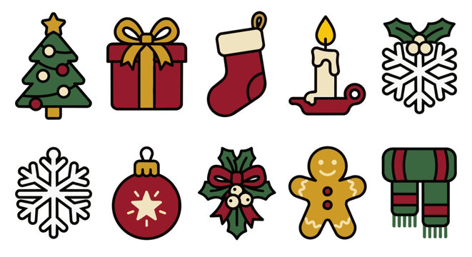 Christmas icon set, flat vector holiday symbols with bold black outline, tree gift stocking candle ornament gingerbread, set of 10
