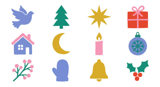 Naive Christmas shapes vector set, hand cut paper style icons dove tree star gift house moon candle ornament bell holly, set of 12
