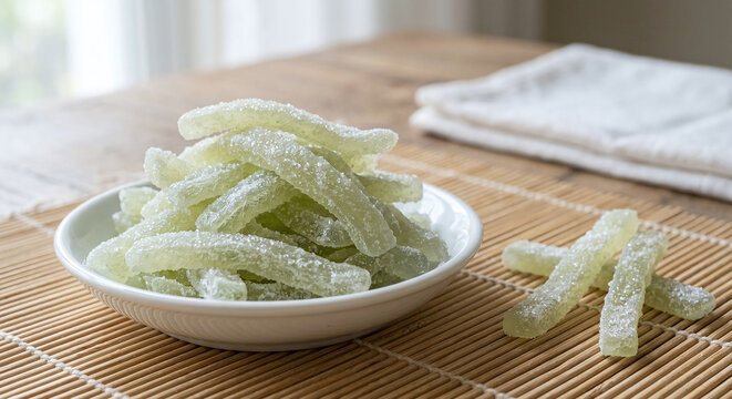 Sugar coated candied winter melon strips in a small dish on a bamboo mat (AI generated)