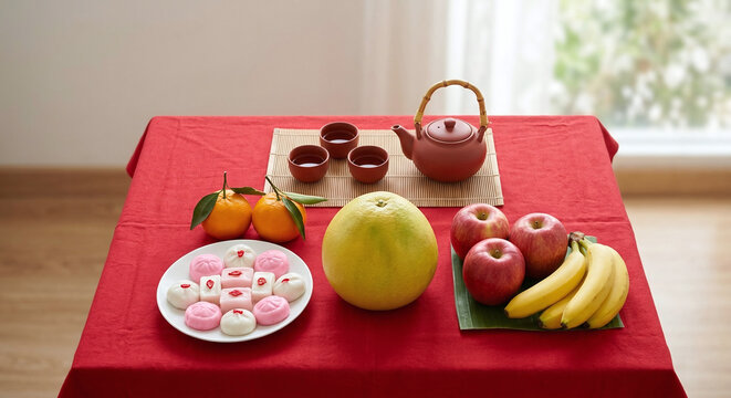 Chinese New Year offering fruit, sweets and tea set on a red table (AI generated)