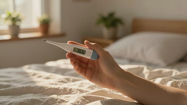 A person holds a digital thermometer displaying 36.6C while resting in bed during morning sunlight.