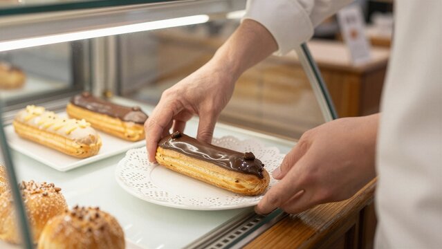 A bakery worker carefully places a chocolate eclair on a plate behind a glass display case filled with assorted pastries.