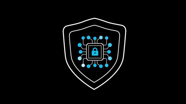 AI shield security icon animation on transparent background showing a padlock microchip with trim paths in and out. Artificial intelligence cyber protection defense, and safe tech system concept.