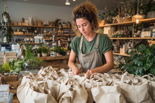 A small business owner organizing reusable tote bags at her store, exemplifying the ethos of an eco-friendly and sustainable lifestyle